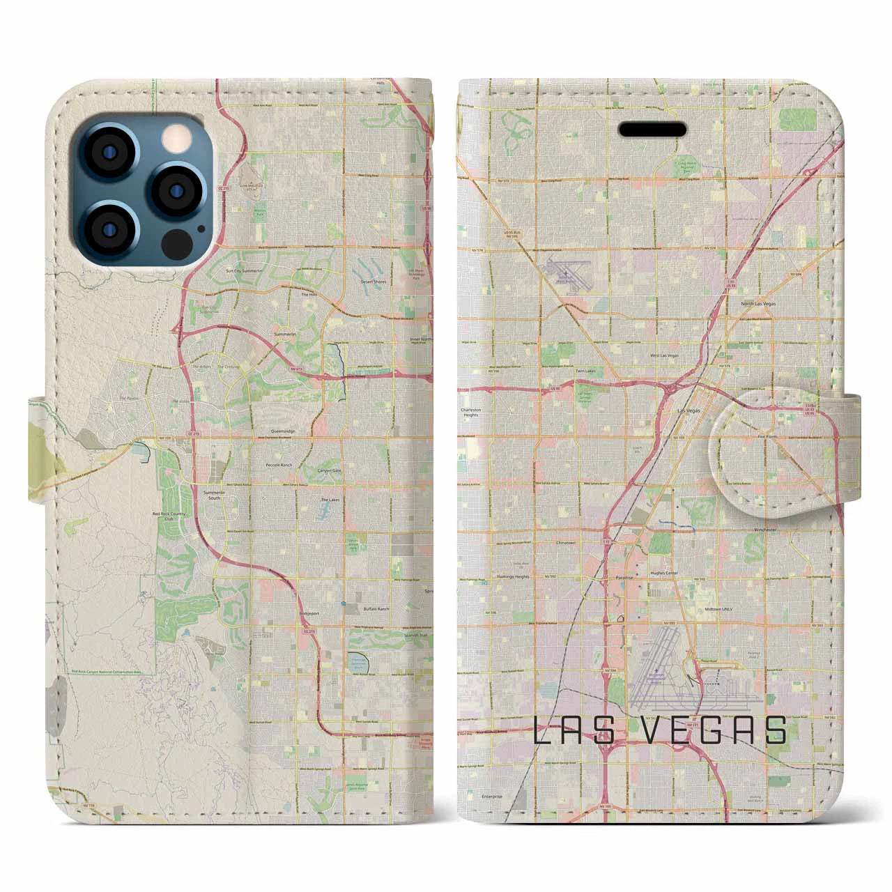 【ラスベガス(アメリカ)】地図柄iPhoneケース(手帳タイプ)ナチュラル・iPhone 12 / 12 Pro 用