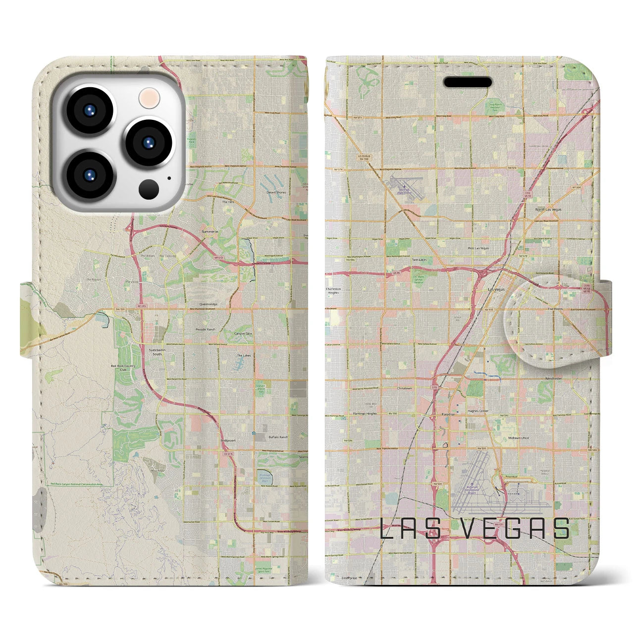 【ラスベガス(アメリカ)】地図柄iPhoneケース(手帳タイプ)ナチュラル・iPhone 13 Pro 用