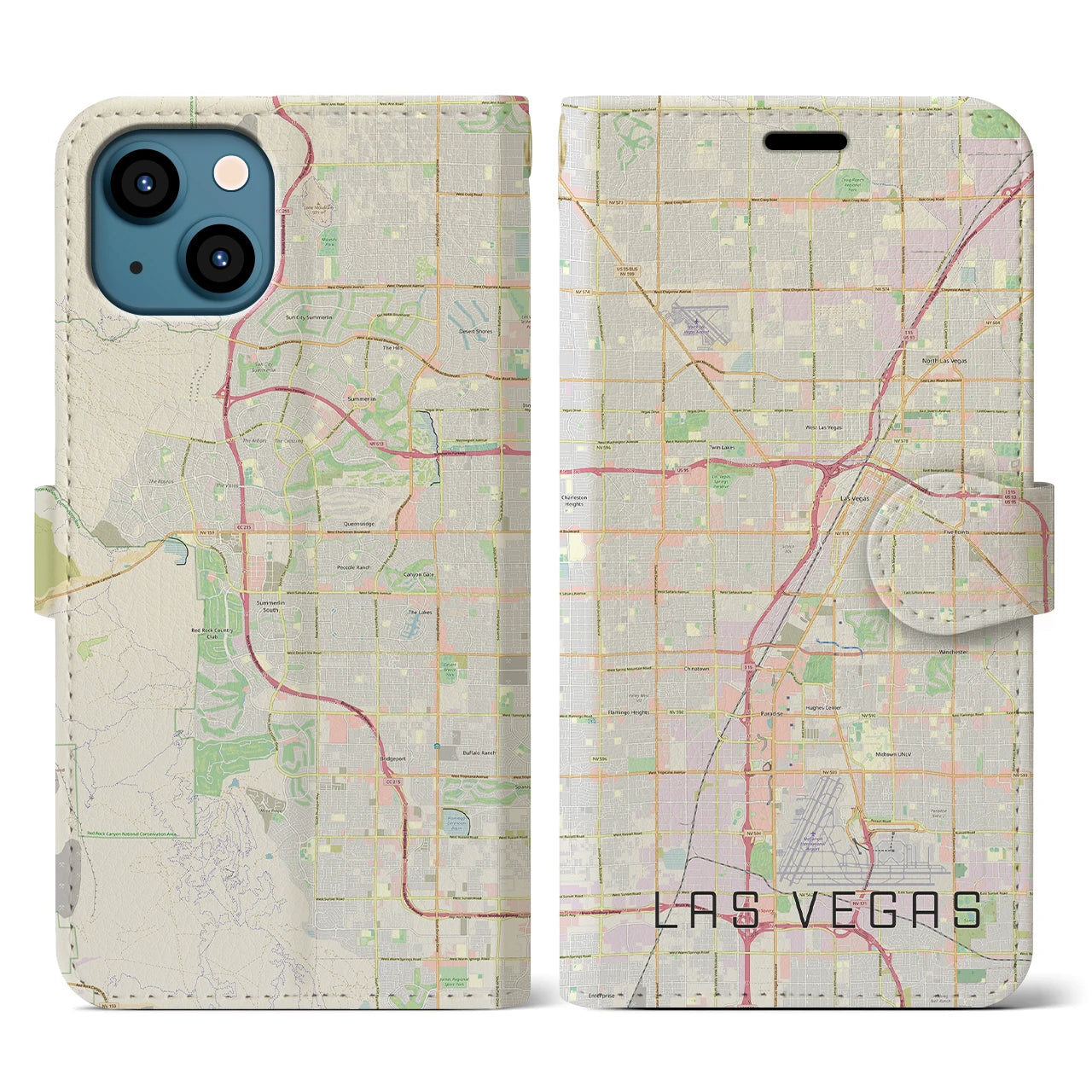 【ラスベガス(アメリカ)】地図柄iPhoneケース(手帳タイプ)ナチュラル・iPhone 13 用