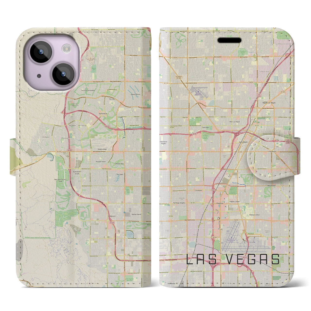 【ラスベガス(アメリカ)】地図柄iPhoneケース(手帳タイプ)ナチュラル・iPhone 14 用