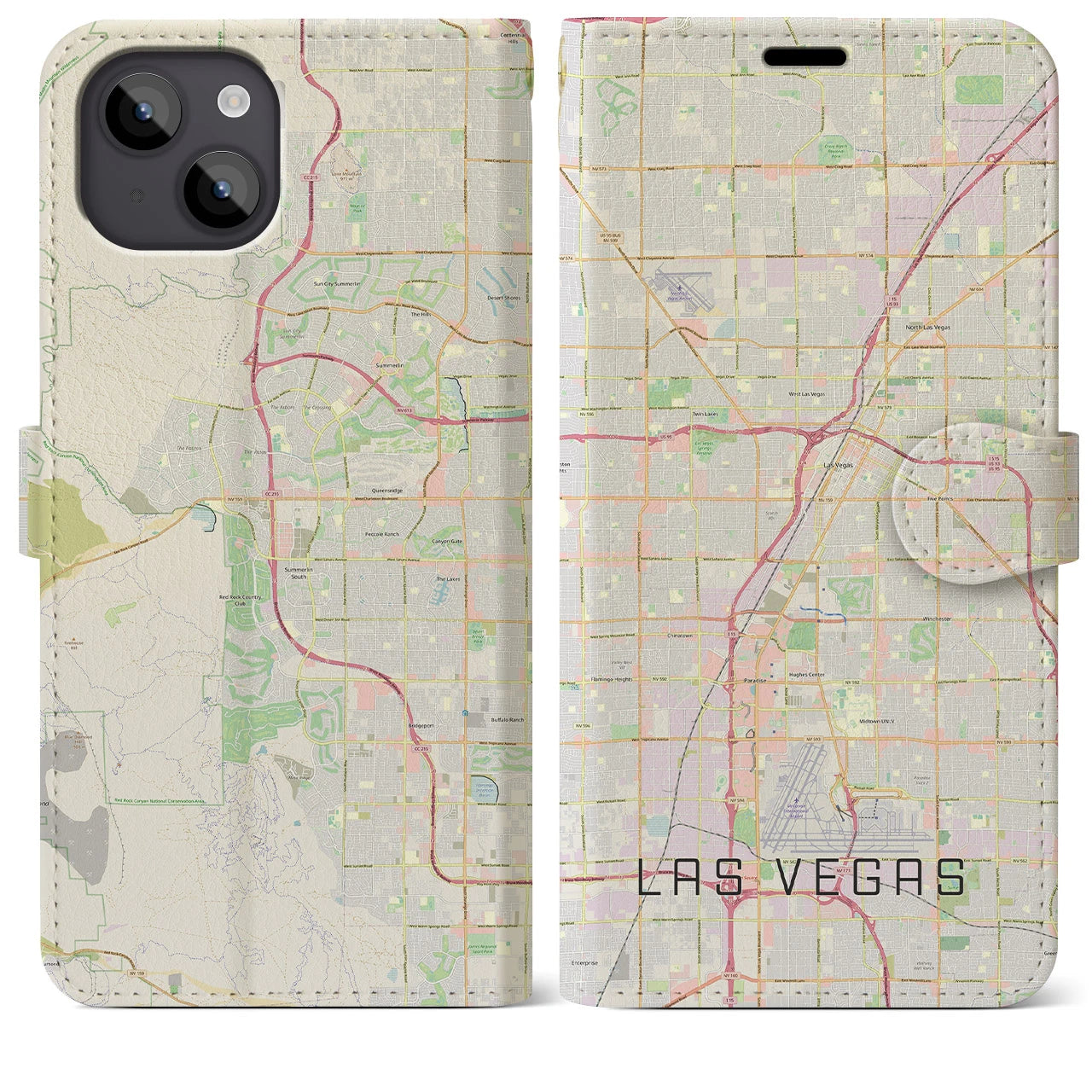 【ラスベガス(アメリカ)】地図柄iPhoneケース(手帳タイプ)ナチュラル・iPhone 14 Plus 用