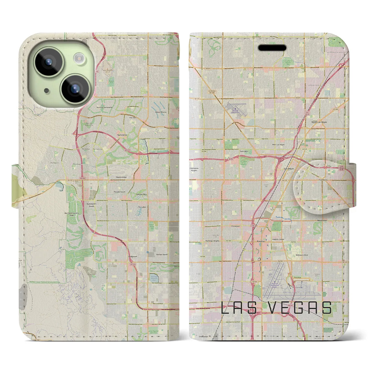 【ラスベガス(アメリカ)】地図柄iPhoneケース(手帳タイプ)ナチュラル・iPhone 15 用