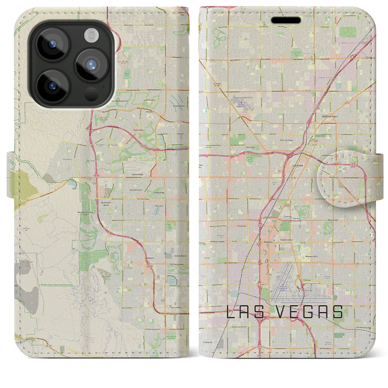 【ラスベガス(アメリカ)】地図柄iPhoneケース(手帳タイプ)ナチュラル・iPhone 15 Pro Max 用