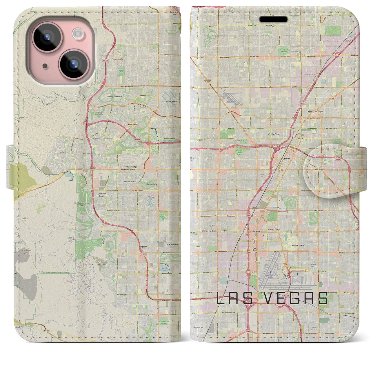 【ラスベガス(アメリカ)】地図柄iPhoneケース(手帳タイプ)ナチュラル・iPhone 15 Plus 用