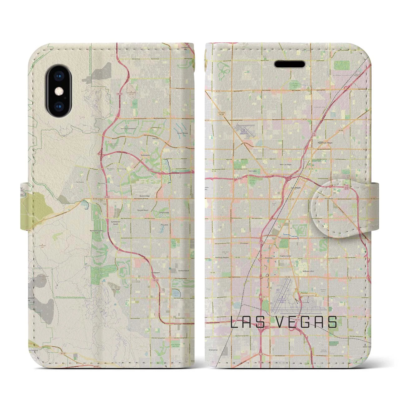 【ラスベガス(アメリカ)】地図柄iPhoneケース(手帳タイプ)ナチュラル・iPhone XS / X 用