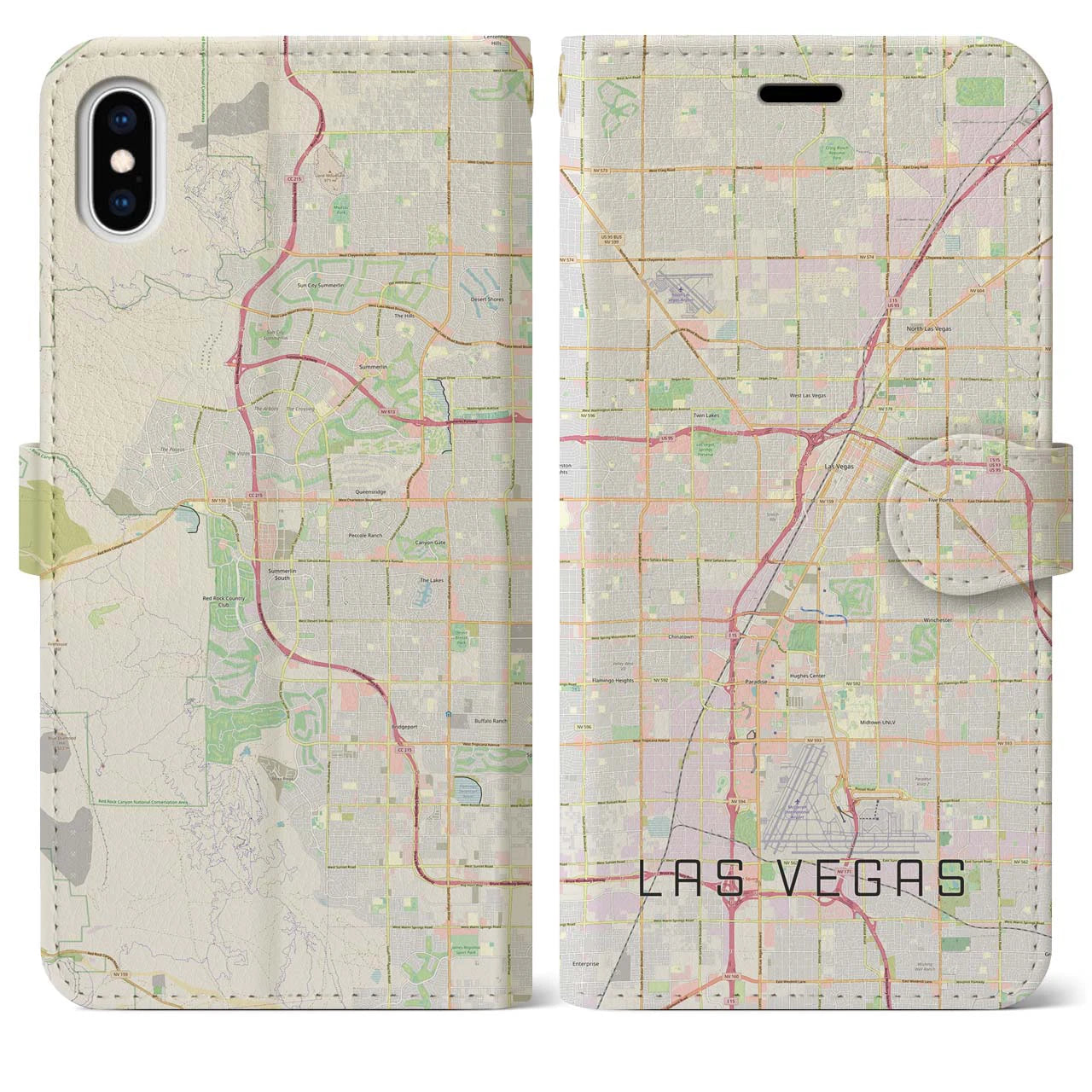 【ラスベガス(アメリカ)】地図柄iPhoneケース(手帳タイプ)ナチュラル・iPhone XS Max 用