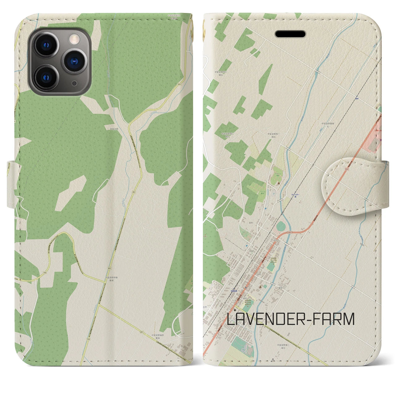【ラベンダー畑(北海道)】地図柄iPhoneケース(手帳タイプ)ナチュラル・iPhone 11 Pro Max 用