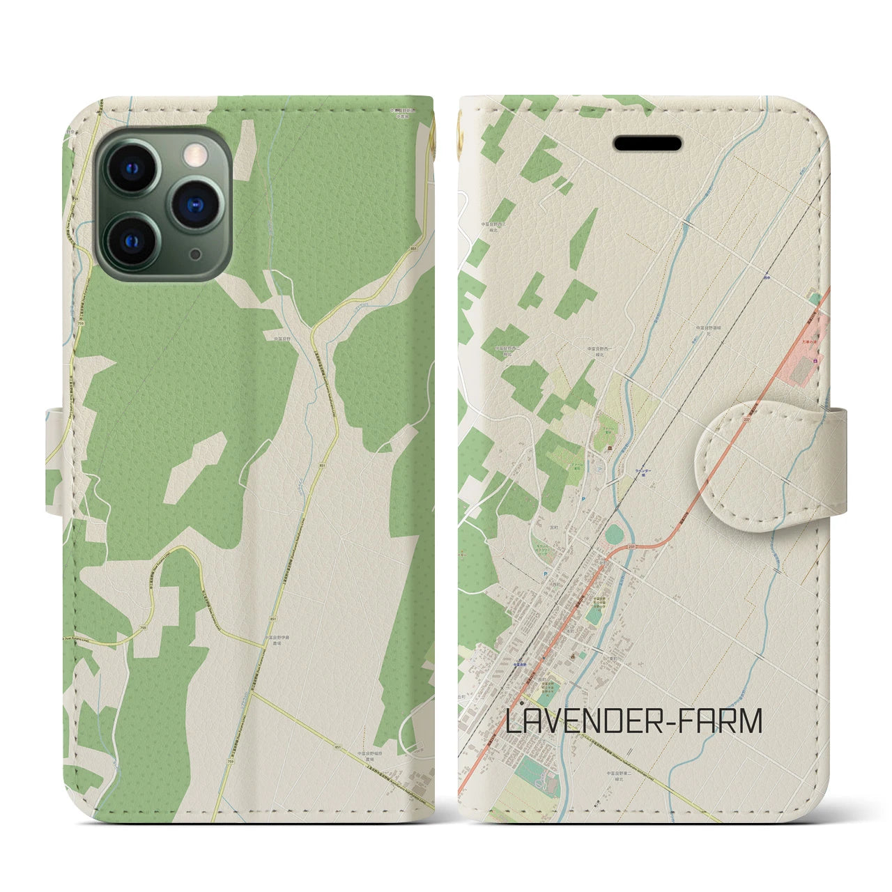 【ラベンダー畑(北海道)】地図柄iPhoneケース(手帳タイプ)ナチュラル・iPhone 11 Pro 用