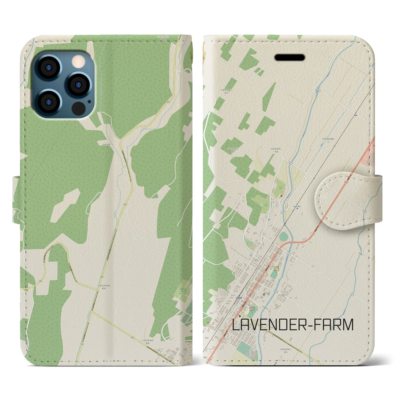 【ラベンダー畑(北海道)】地図柄iPhoneケース(手帳タイプ)ナチュラル・iPhone 12 / 12 Pro 用