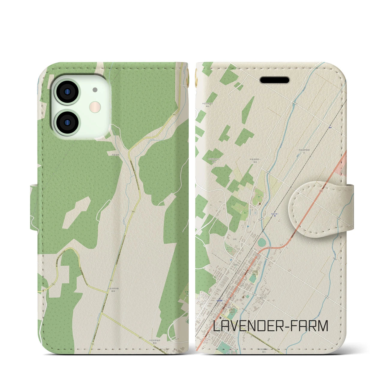 【ラベンダー畑(北海道)】地図柄iPhoneケース(手帳タイプ)ナチュラル・iPhone 12 mini 用