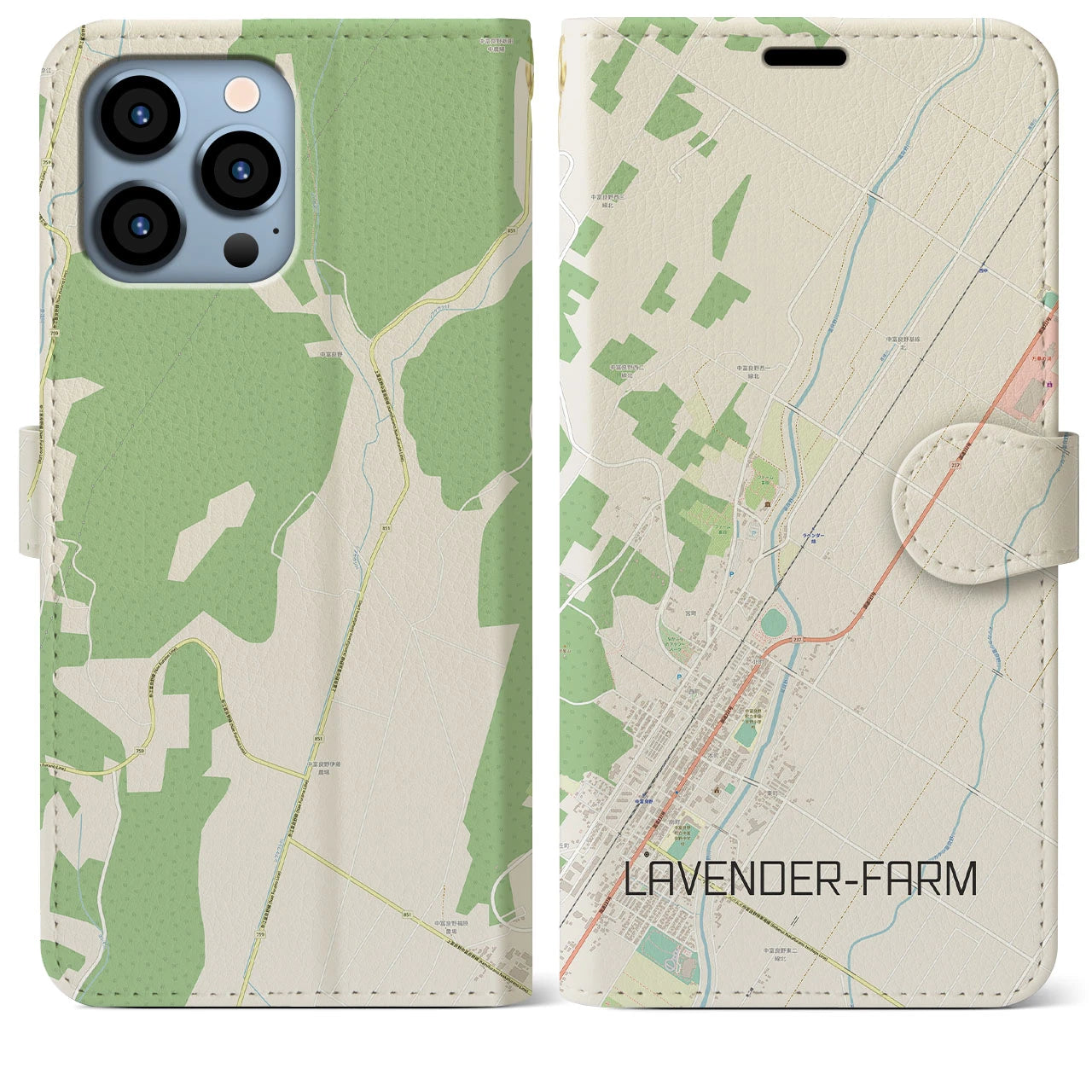 【ラベンダー畑(北海道)】地図柄iPhoneケース(手帳タイプ)ナチュラル・iPhone 13 Pro Max 用