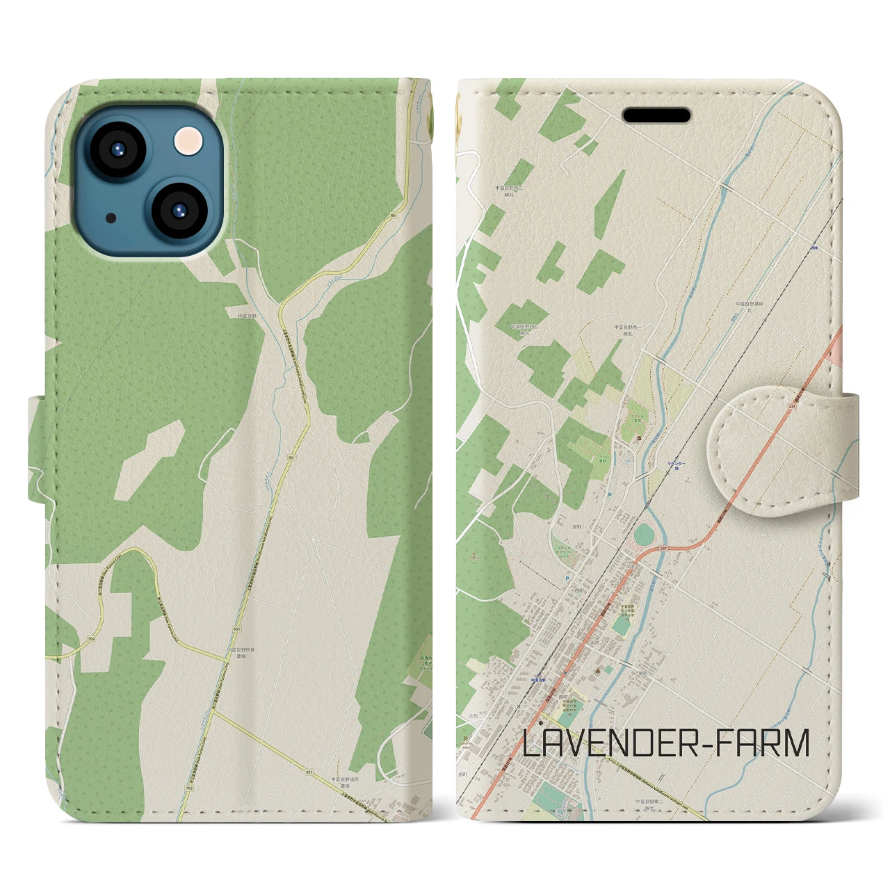 【ラベンダー畑(北海道)】地図柄iPhoneケース(手帳タイプ)ナチュラル・iPhone 13 用
