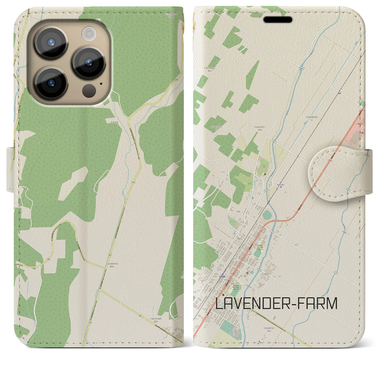 【ラベンダー畑(北海道)】地図柄iPhoneケース(手帳タイプ)ナチュラル・iPhone 14 Pro Max 用