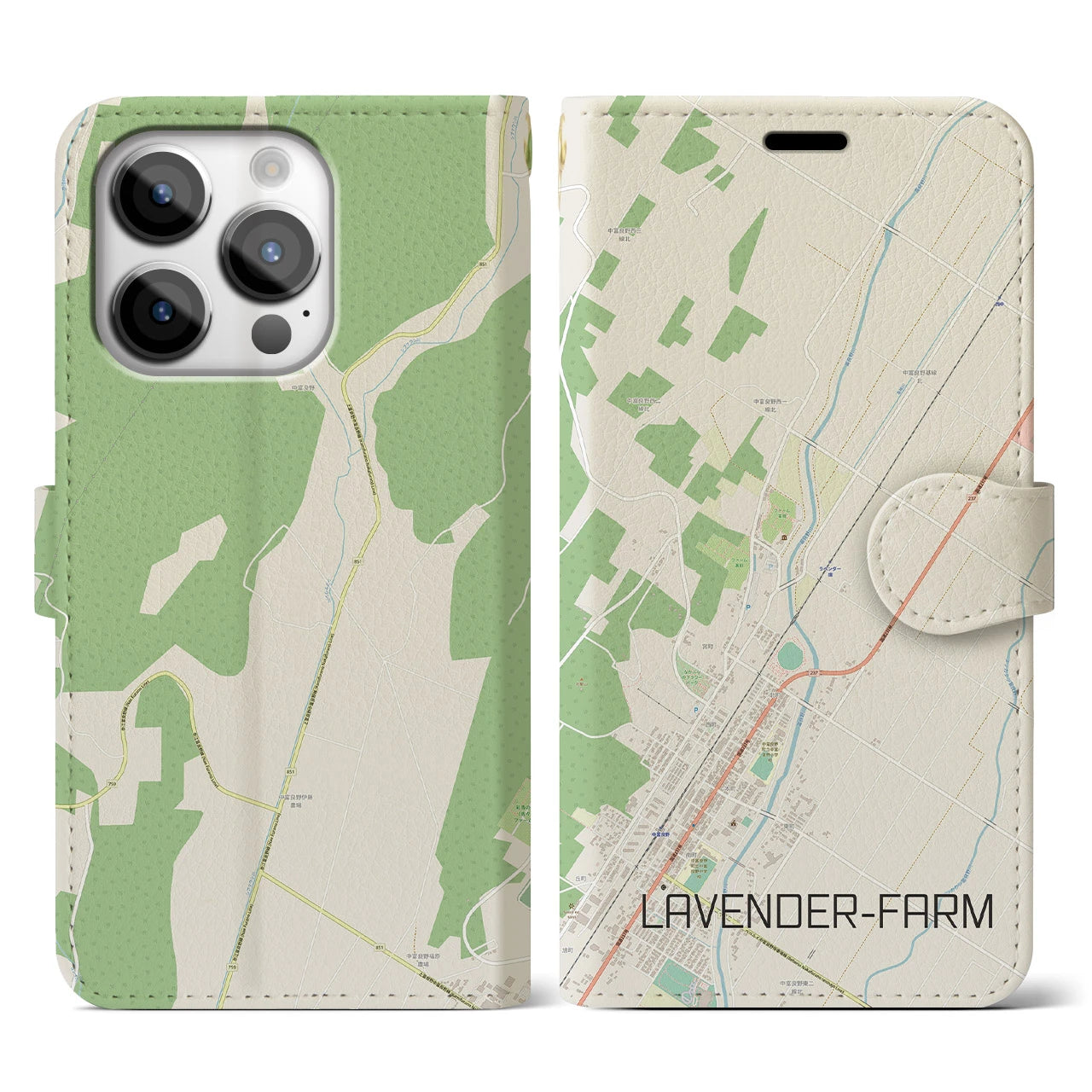 【ラベンダー畑(北海道)】地図柄iPhoneケース(手帳タイプ)ナチュラル・iPhone 14 Pro 用