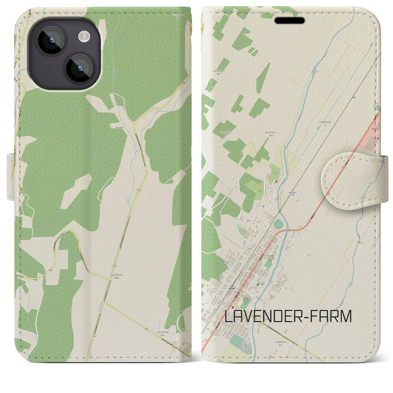 【ラベンダー畑(北海道)】地図柄iPhoneケース(手帳タイプ)ナチュラル・iPhone 14 Plus 用