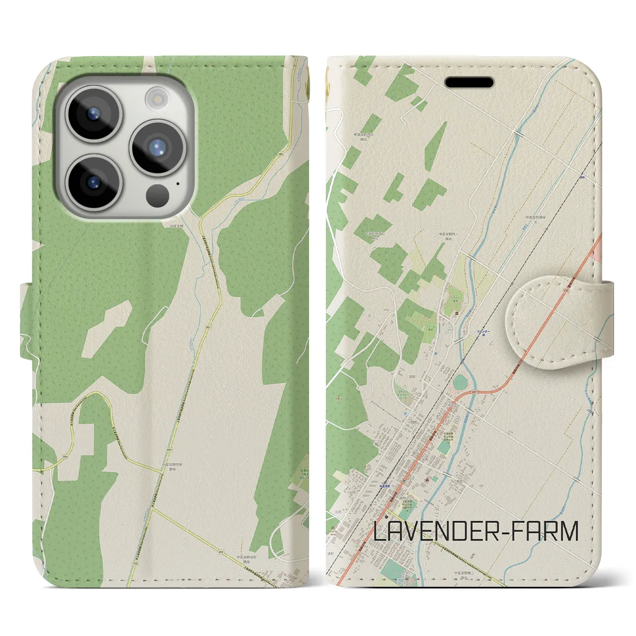 【ラベンダー畑(北海道)】地図柄iPhoneケース(手帳タイプ)ナチュラル・iPhone 15 Pro 用