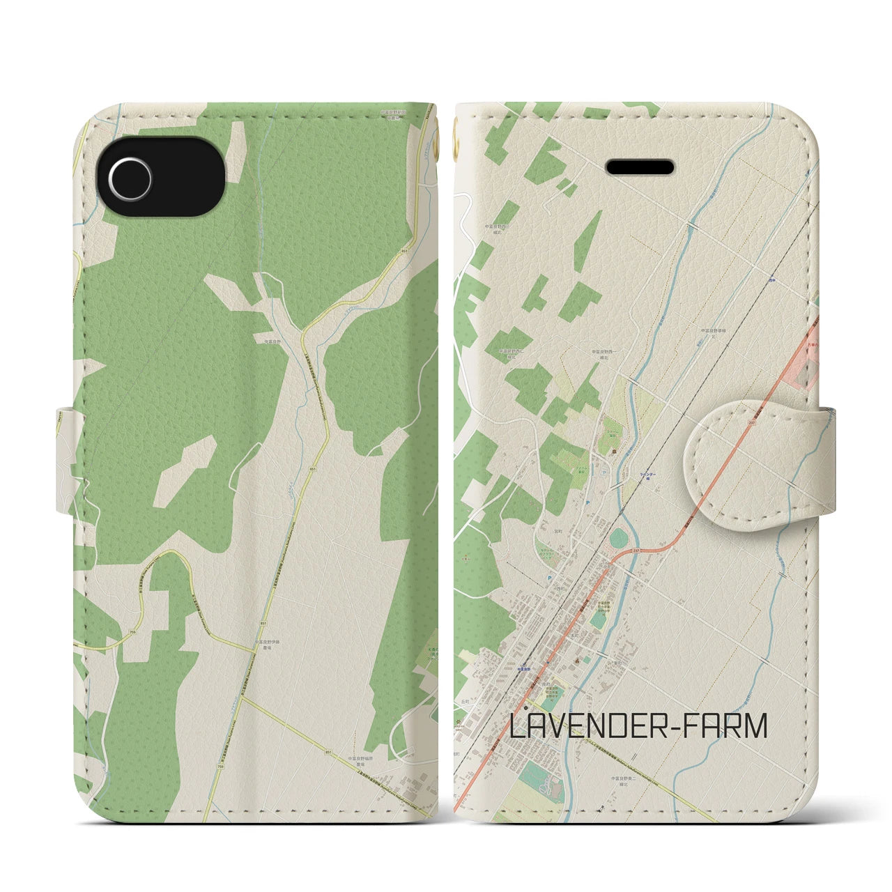 【ラベンダー畑(北海道)】地図柄iPhoneケース(手帳タイプ)ナチュラル・iPhone SE(第3 / 第2世代) / 8 / 7 / 6s / 6 用