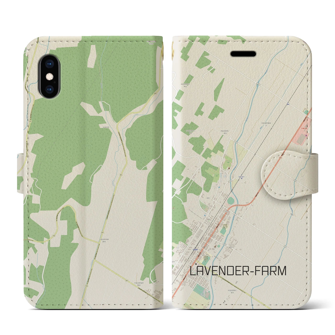 【ラベンダー畑(北海道)】地図柄iPhoneケース(手帳タイプ)ナチュラル・iPhone XS / X 用