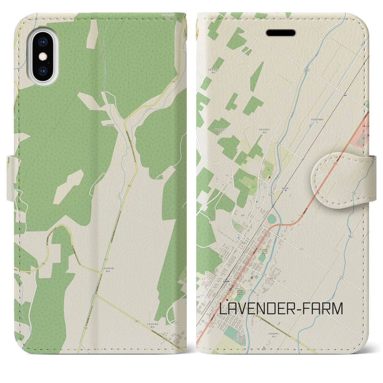 【ラベンダー畑(北海道)】地図柄iPhoneケース(手帳タイプ)ナチュラル・iPhone XS Max 用