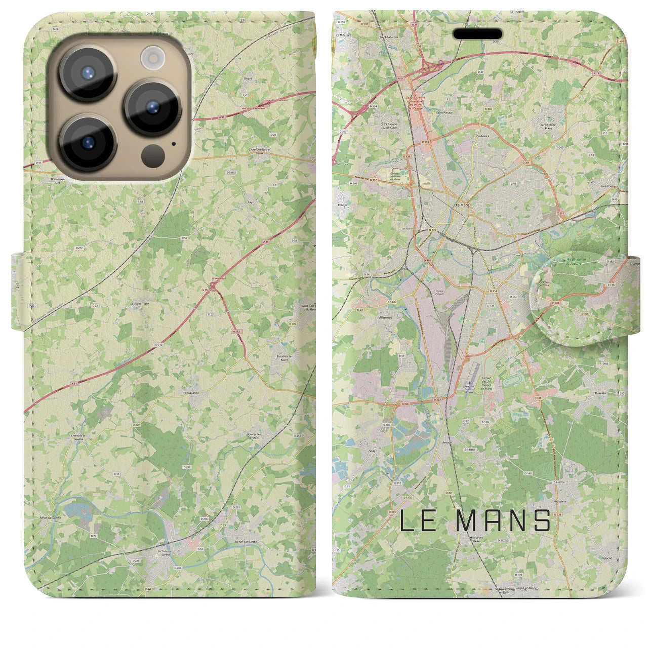 【ル・マン(フランス)】地図柄iPhoneケース(手帳タイプ)ナチュラル・iPhone 14 Pro Max 用