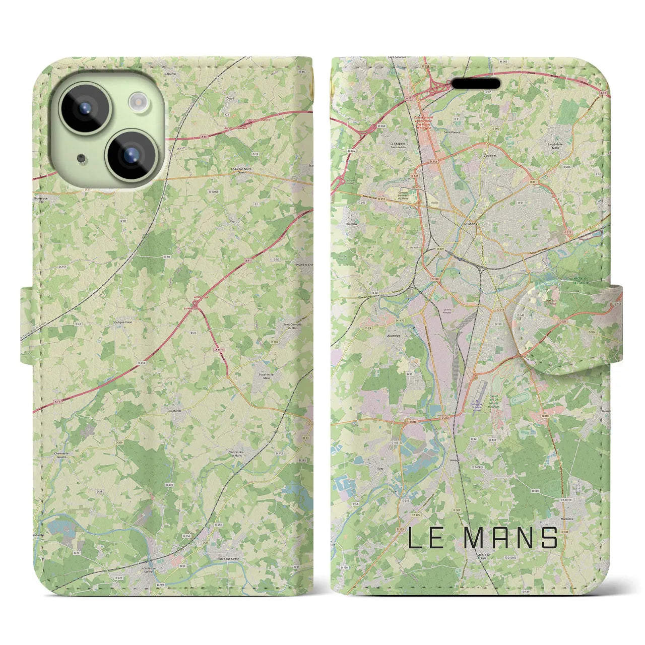 【ル・マン(フランス)】地図柄iPhoneケース(手帳タイプ)ナチュラル・iPhone 15 用