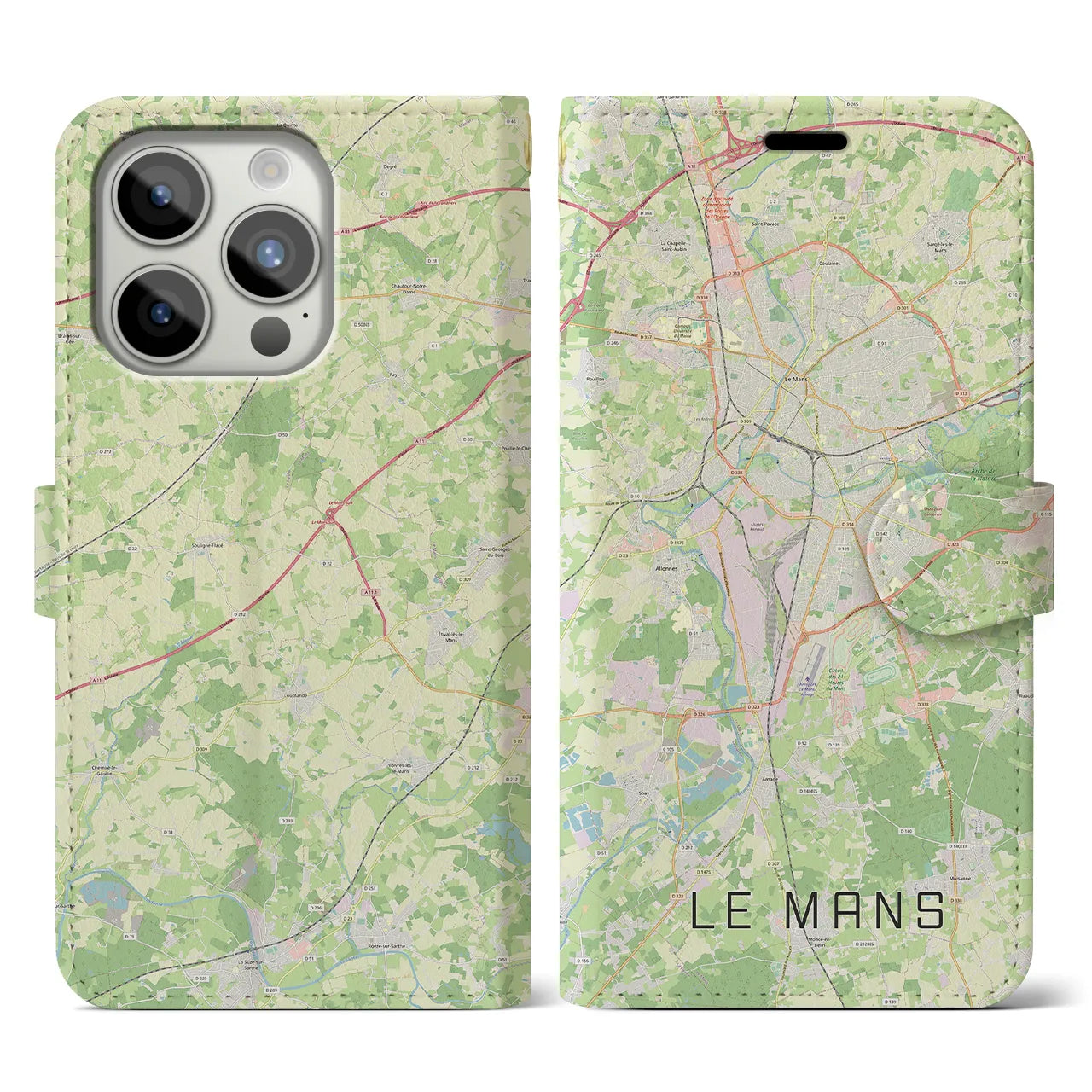 【ル・マン(フランス)】地図柄iPhoneケース(手帳タイプ)ナチュラル・iPhone 15 Pro 用