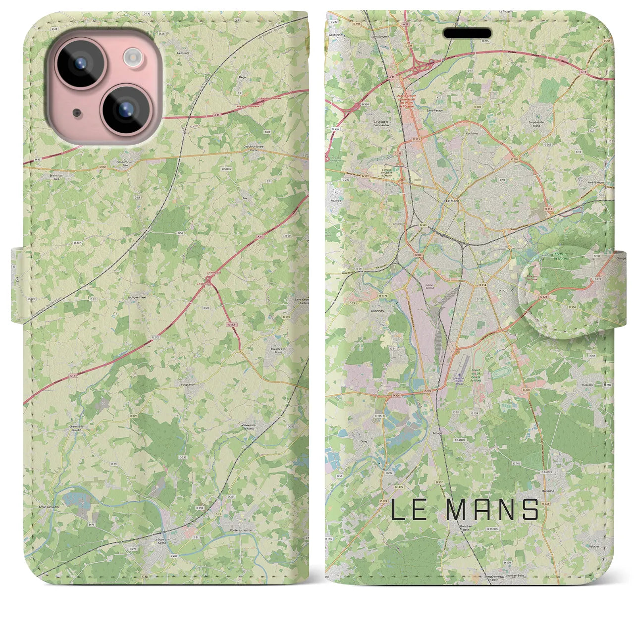 【ル・マン(フランス)】地図柄iPhoneケース(手帳タイプ)ナチュラル・iPhone 15 Plus 用