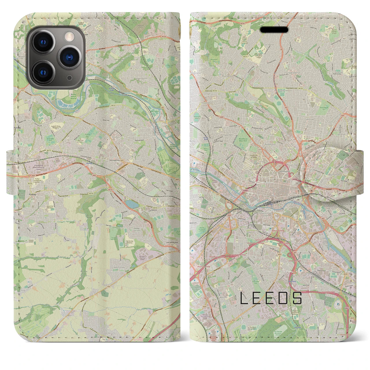 【リーズ(イギリス)】地図柄iPhoneケース(手帳タイプ)ナチュラル・iPhone 11 Pro Max 用