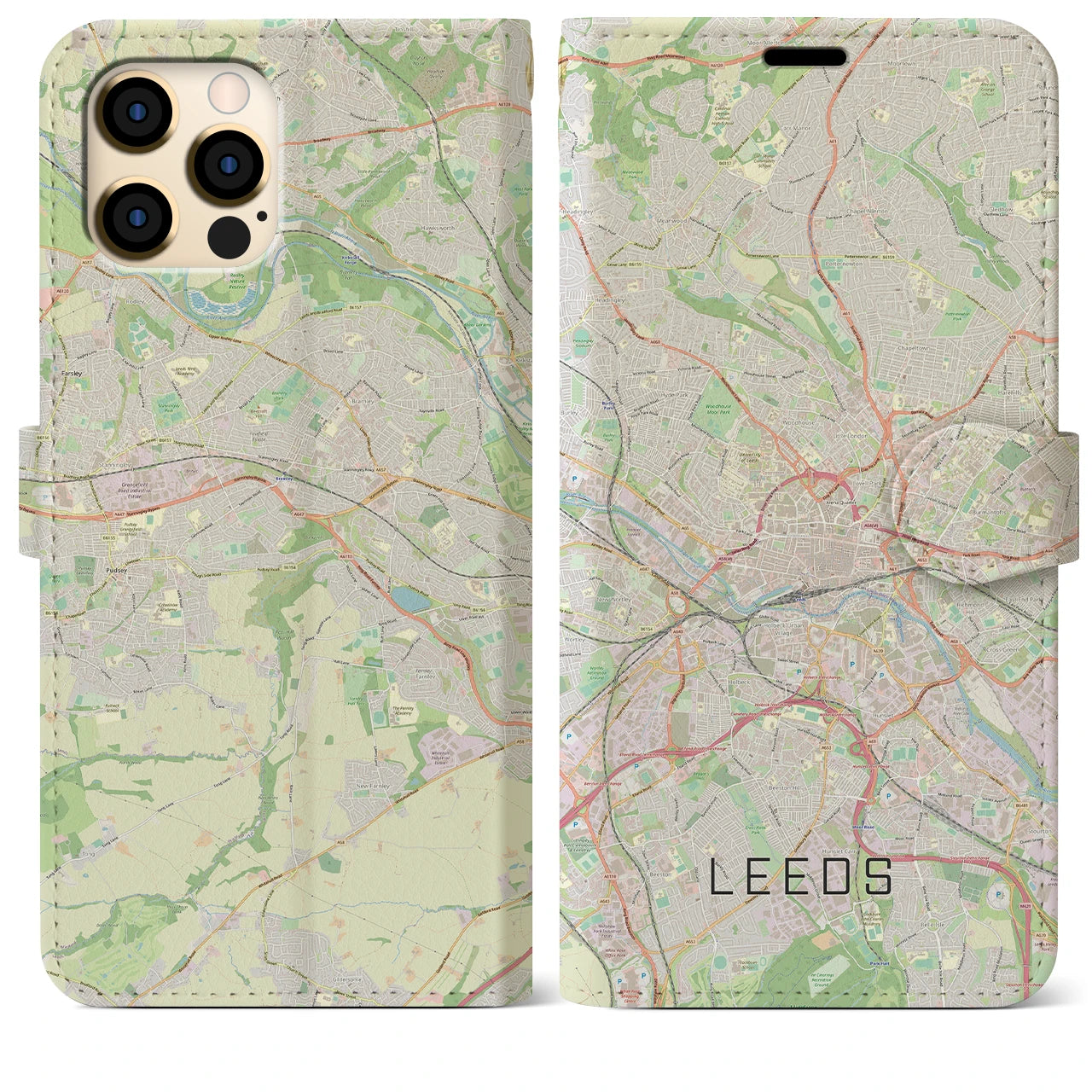 【リーズ(イギリス)】地図柄iPhoneケース(手帳タイプ)ナチュラル・iPhone 12 Pro Max 用