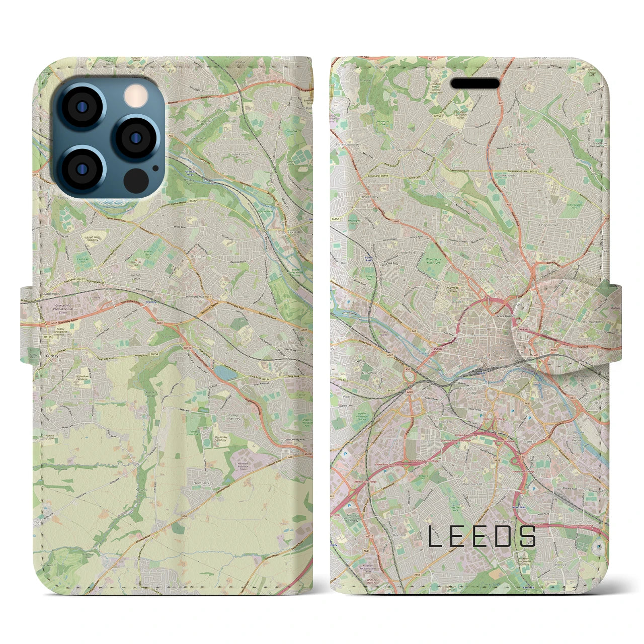 【リーズ(イギリス)】地図柄iPhoneケース(手帳タイプ)ナチュラル・iPhone 12 / 12 Pro 用