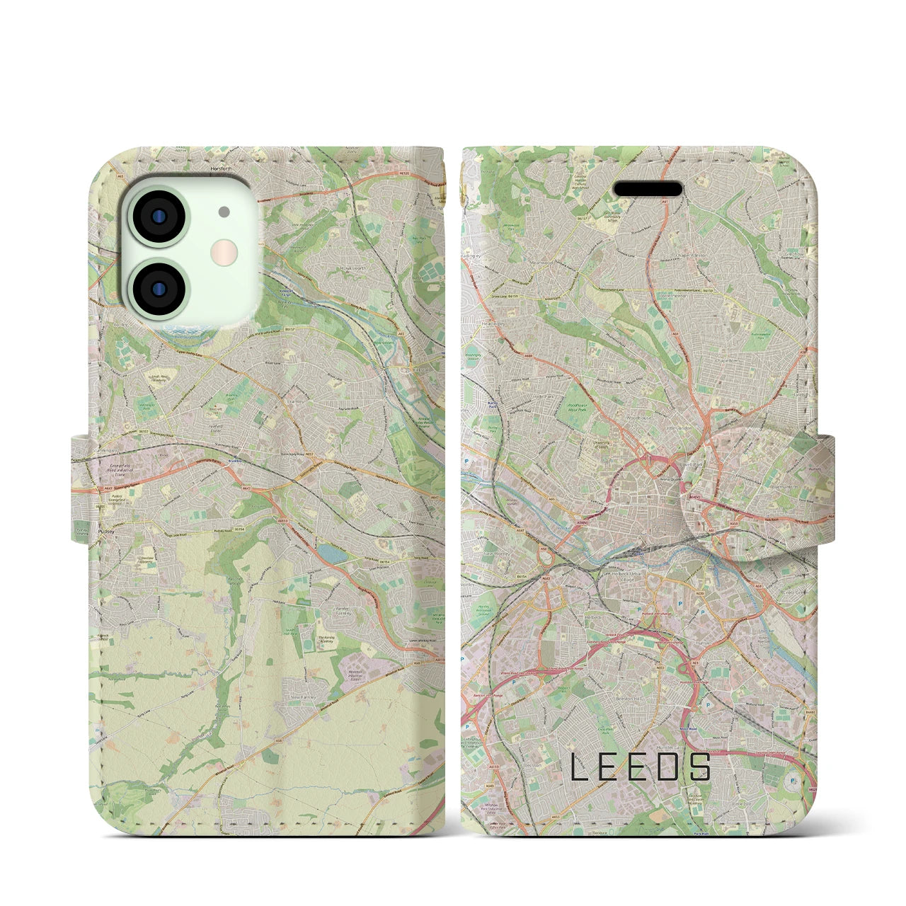 【リーズ(イギリス)】地図柄iPhoneケース(手帳タイプ)ナチュラル・iPhone 12 mini 用