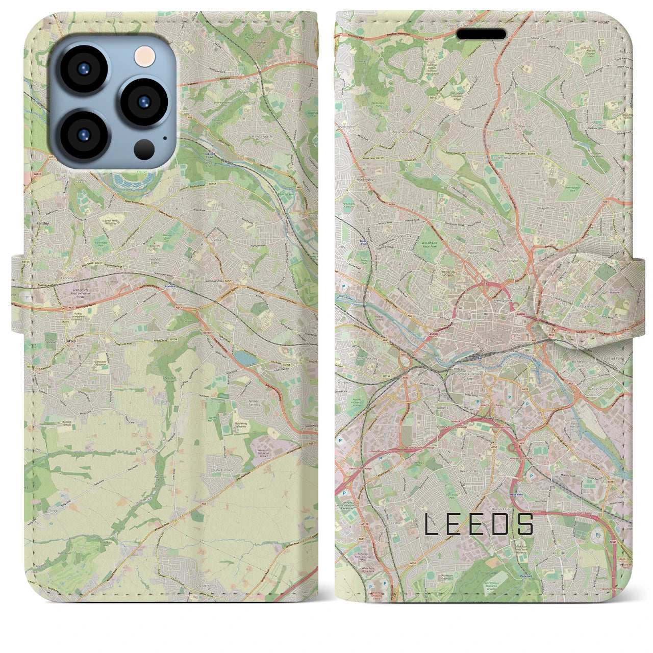 【リーズ(イギリス)】地図柄iPhoneケース(手帳タイプ)ナチュラル・iPhone 13 Pro Max 用