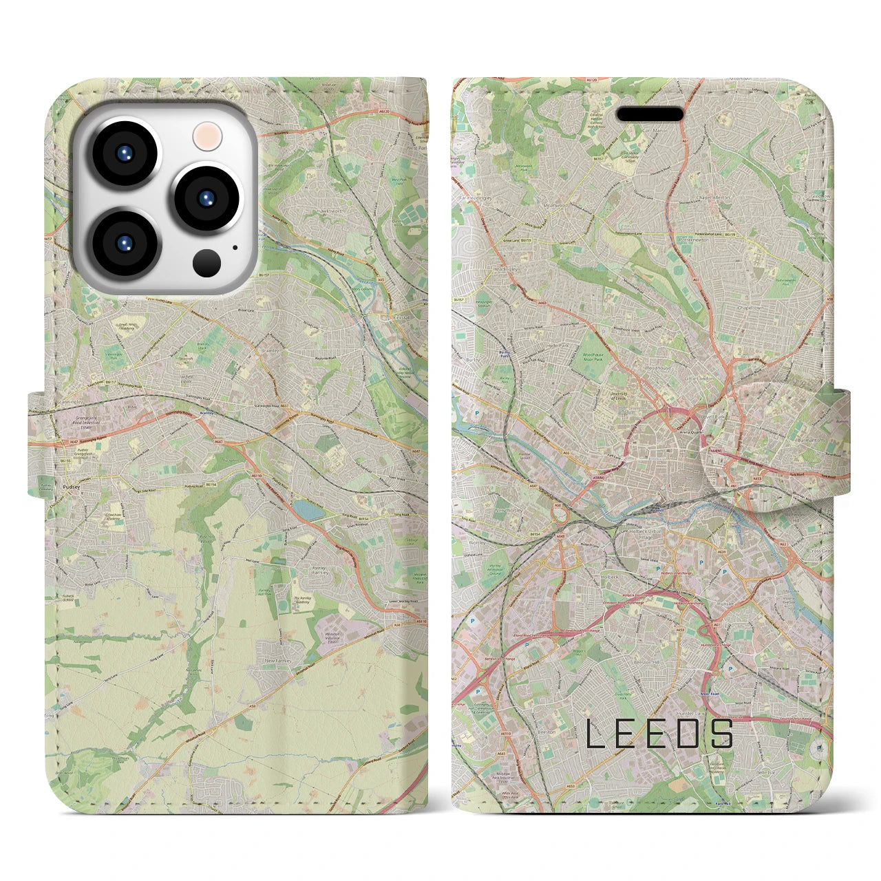 【リーズ(イギリス)】地図柄iPhoneケース(手帳タイプ)ナチュラル・iPhone 13 Pro 用