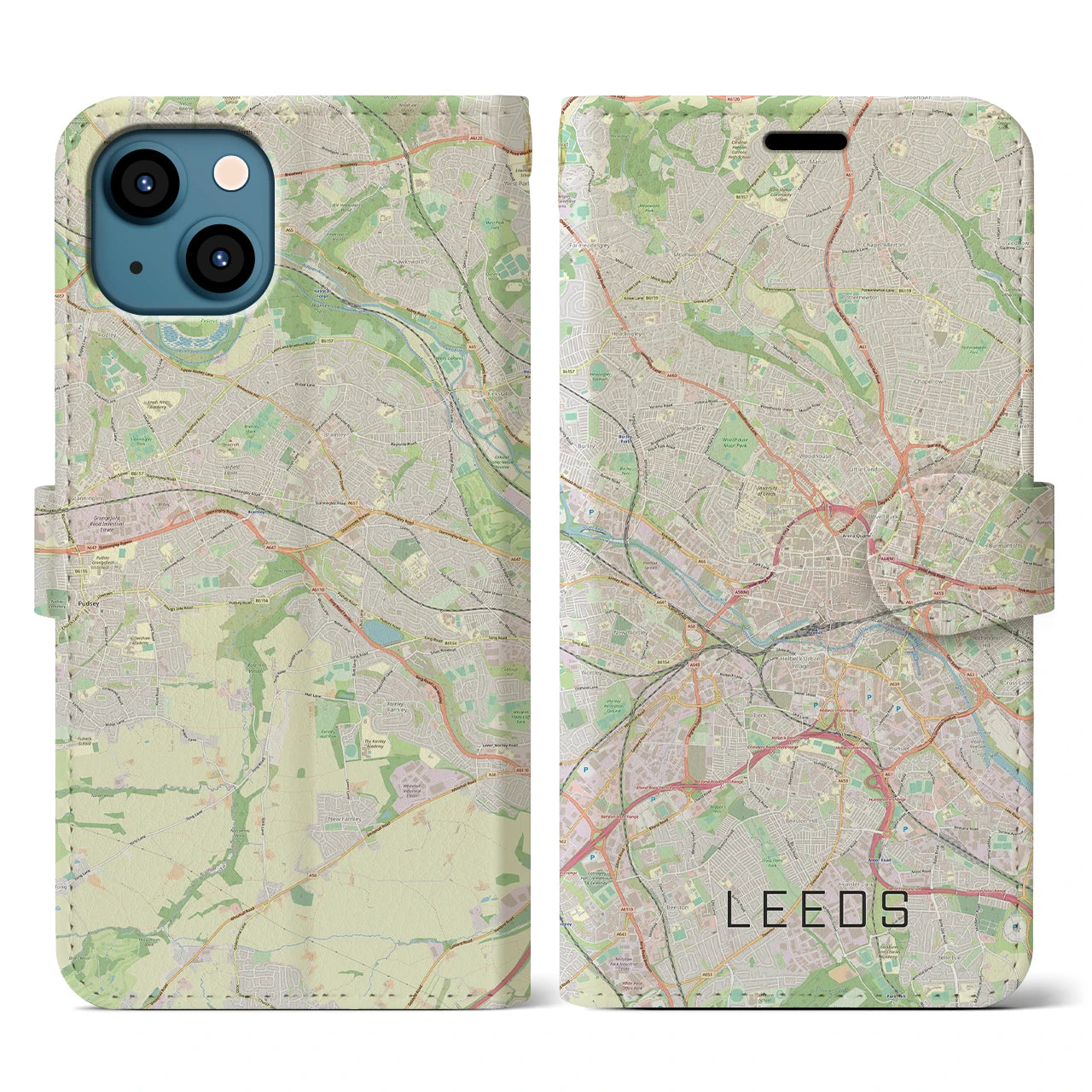【リーズ(イギリス)】地図柄iPhoneケース(手帳タイプ)ナチュラル・iPhone 13 用