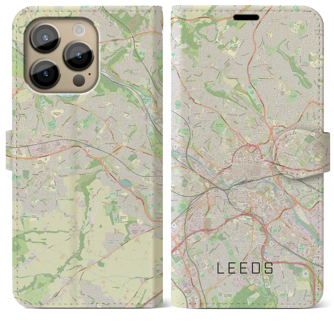 【リーズ(イギリス)】地図柄iPhoneケース(手帳タイプ)ナチュラル・iPhone 14 Pro Max 用