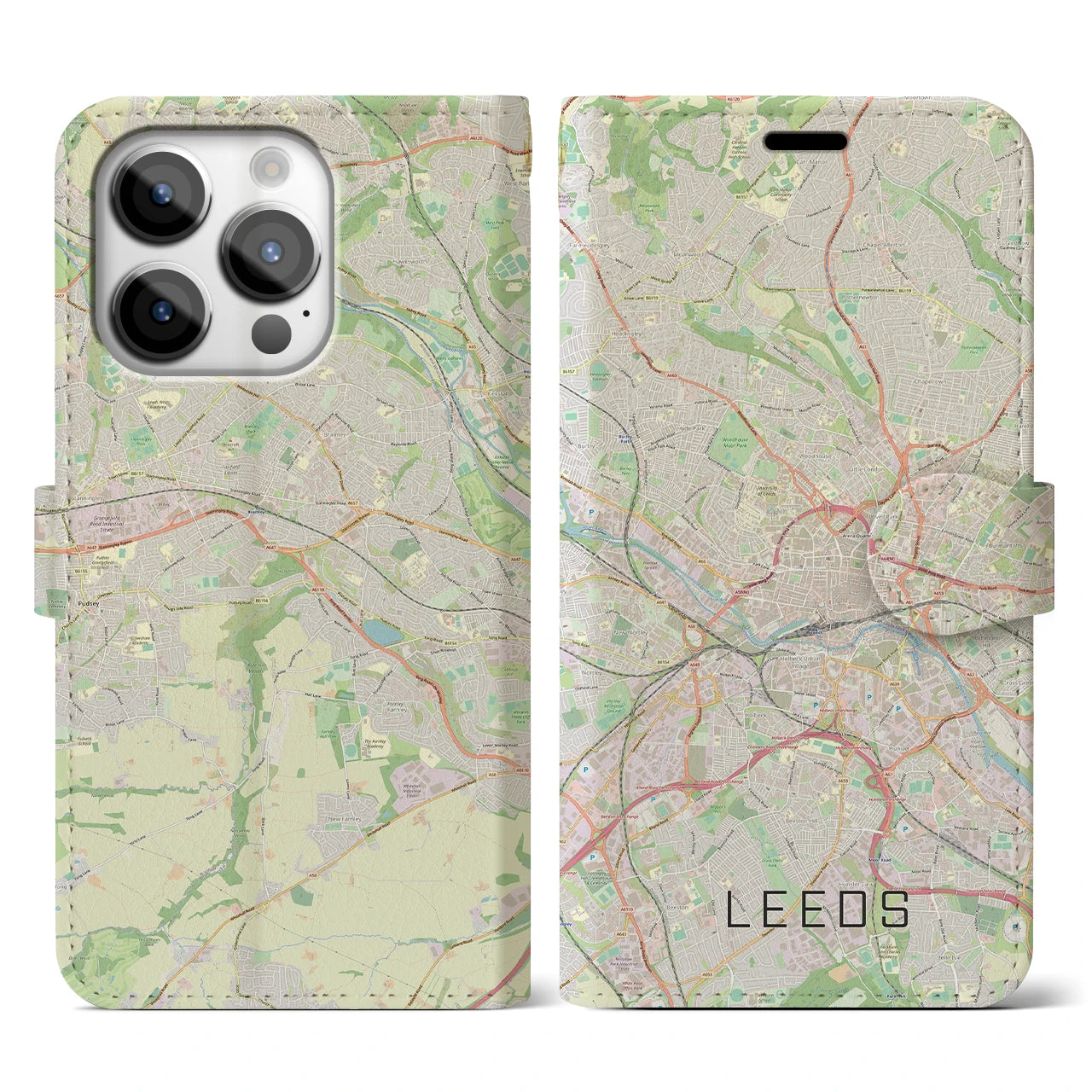 【リーズ(イギリス)】地図柄iPhoneケース(手帳タイプ)ナチュラル・iPhone 14 Pro 用