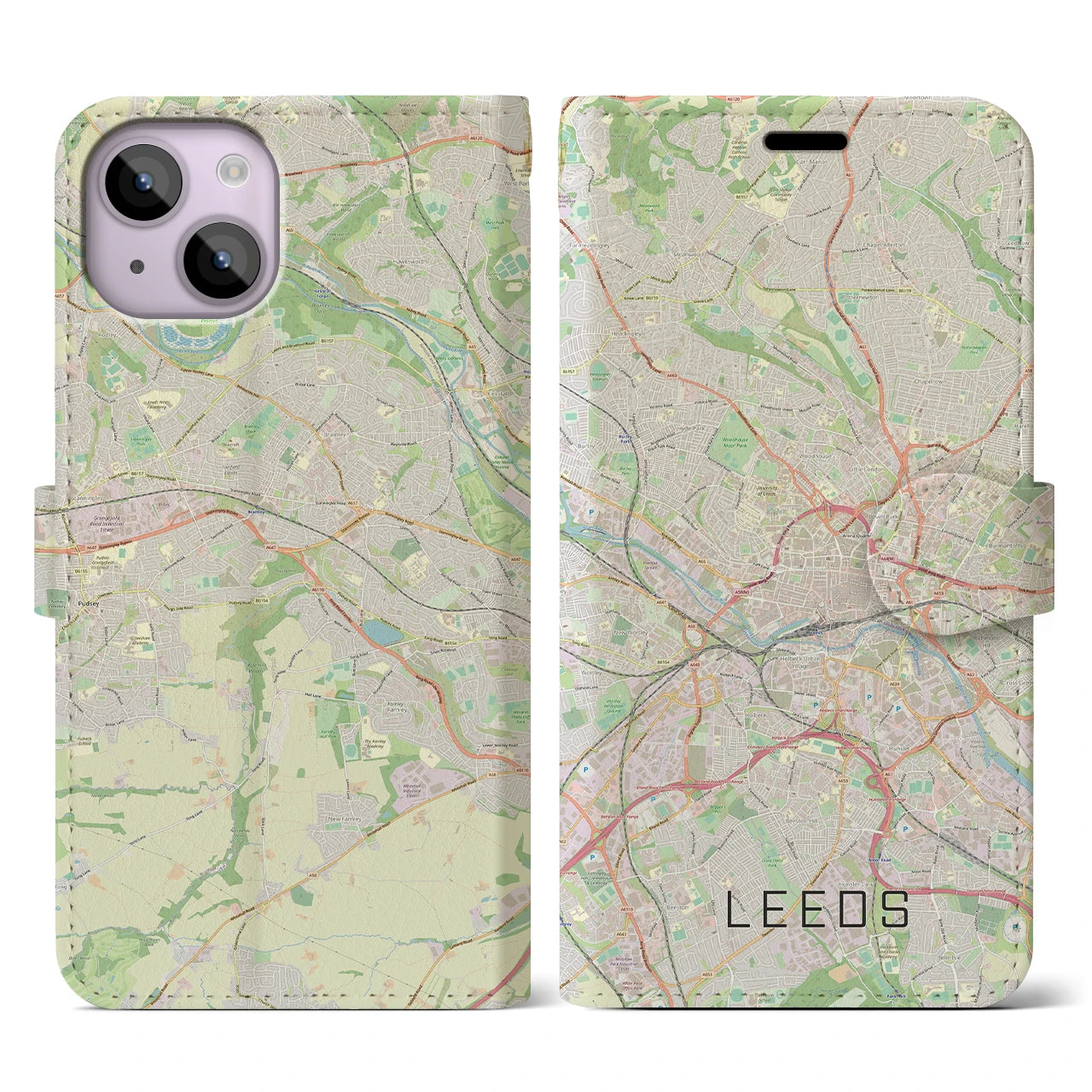 【リーズ(イギリス)】地図柄iPhoneケース(手帳タイプ)ナチュラル・iPhone 14 用