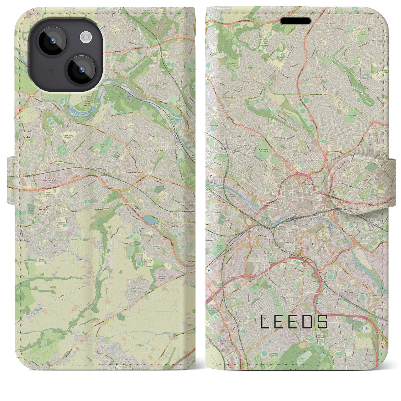 【リーズ(イギリス)】地図柄iPhoneケース(手帳タイプ)ナチュラル・iPhone 14 Plus 用
