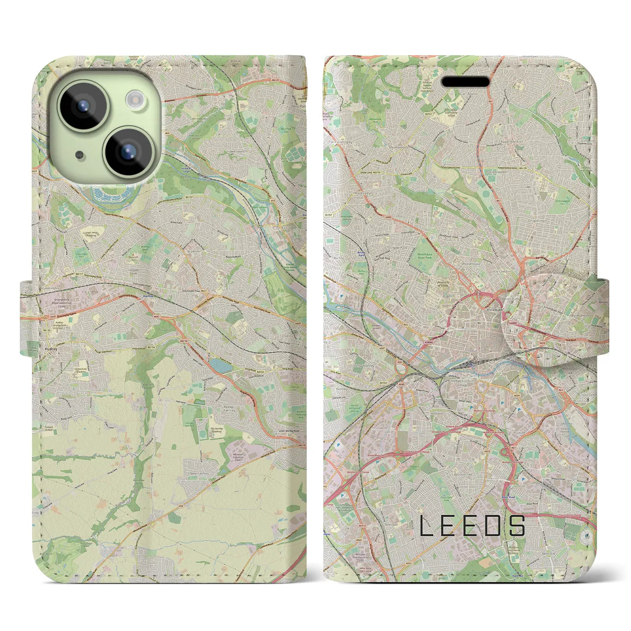 【リーズ(イギリス)】地図柄iPhoneケース(手帳タイプ)ナチュラル・iPhone 15 用