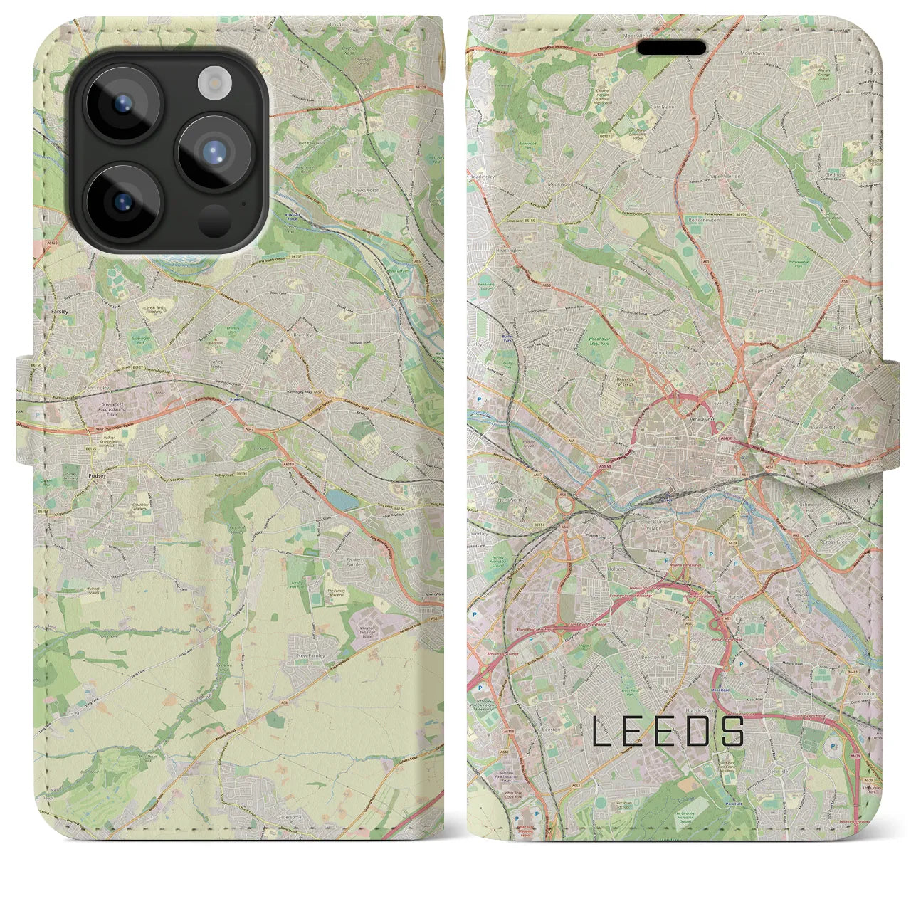 【リーズ(イギリス)】地図柄iPhoneケース(手帳タイプ)ナチュラル・iPhone 15 Pro Max 用