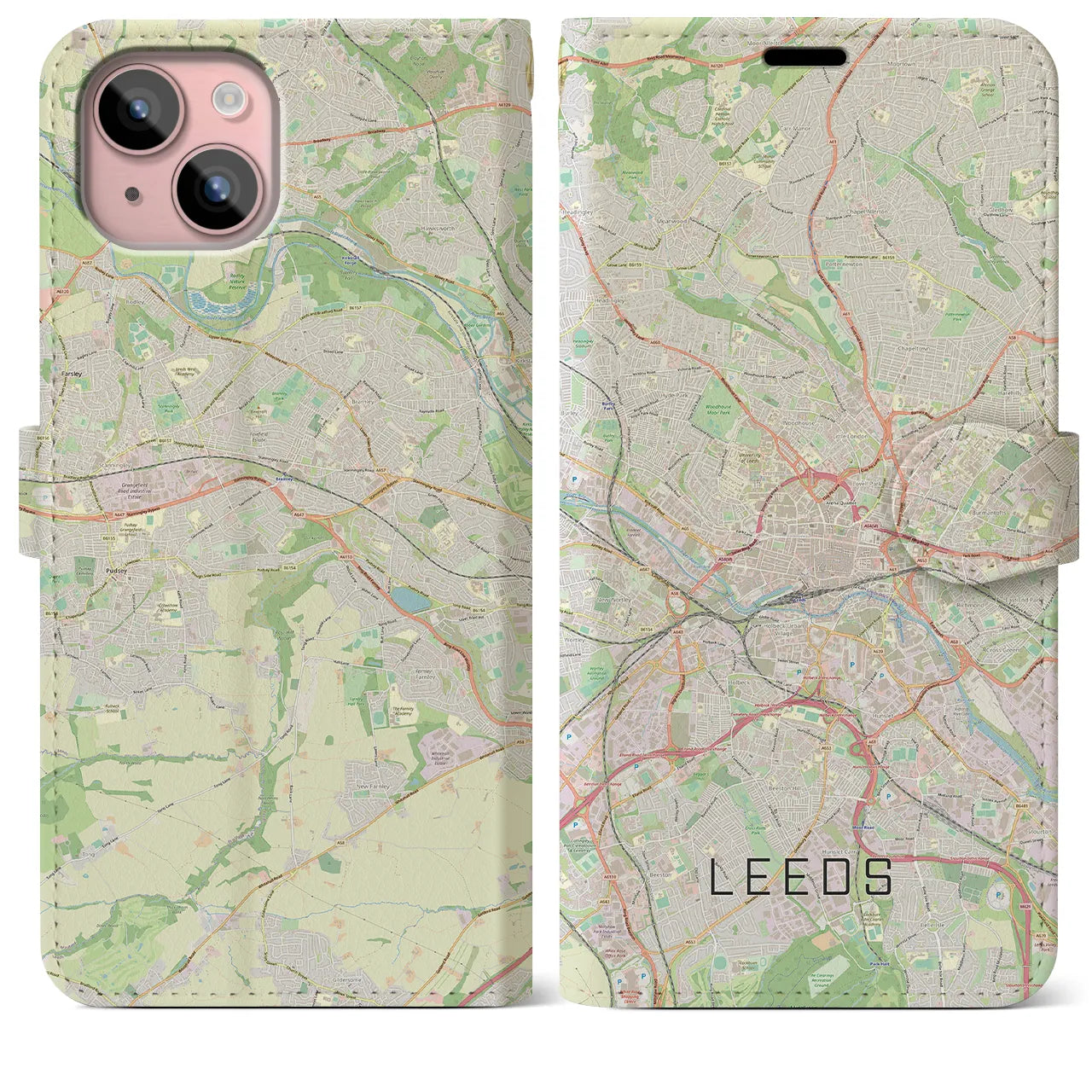 【リーズ(イギリス)】地図柄iPhoneケース(手帳タイプ)ナチュラル・iPhone 15 Plus 用