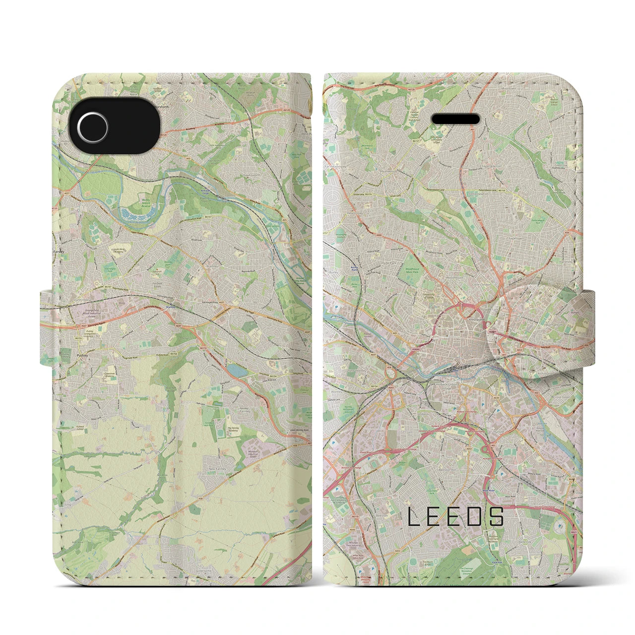 【リーズ(イギリス)】地図柄iPhoneケース(手帳タイプ)ナチュラル・iPhone SE(第3 / 第2世代) / 8 / 7 / 6s / 6 用