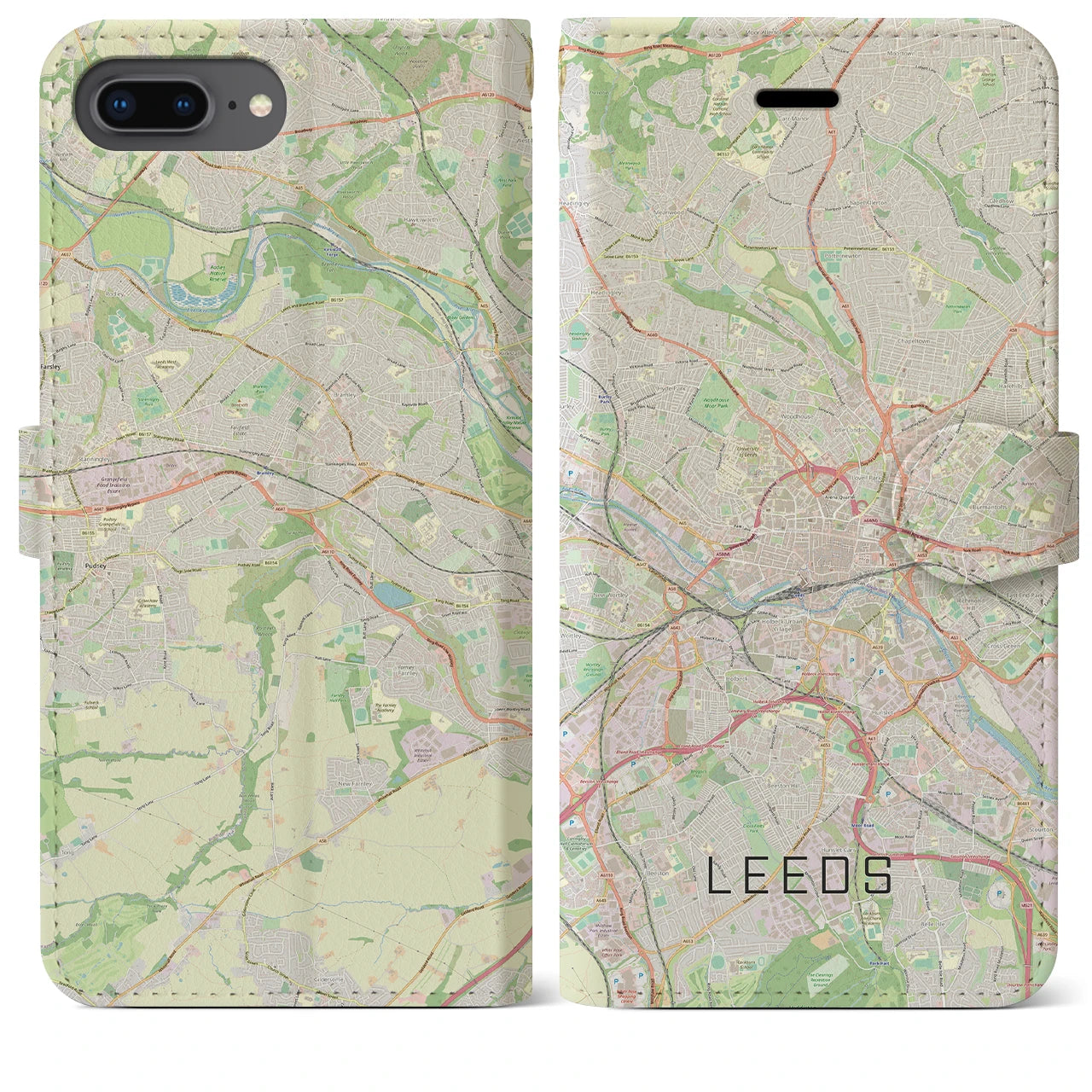 【リーズ(イギリス)】地図柄iPhoneケース(手帳タイプ)ナチュラル・iPhone 8Plus /7Plus / 6sPlus / 6Plus 用