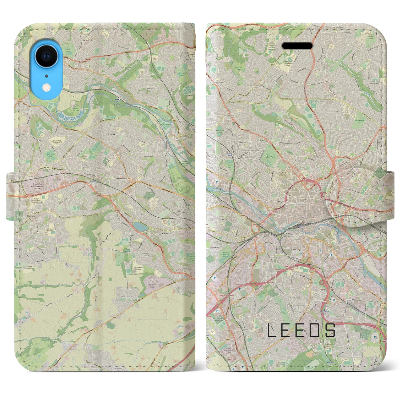【リーズ(イギリス)】地図柄iPhoneケース(手帳タイプ)ナチュラル・iPhone XR 用