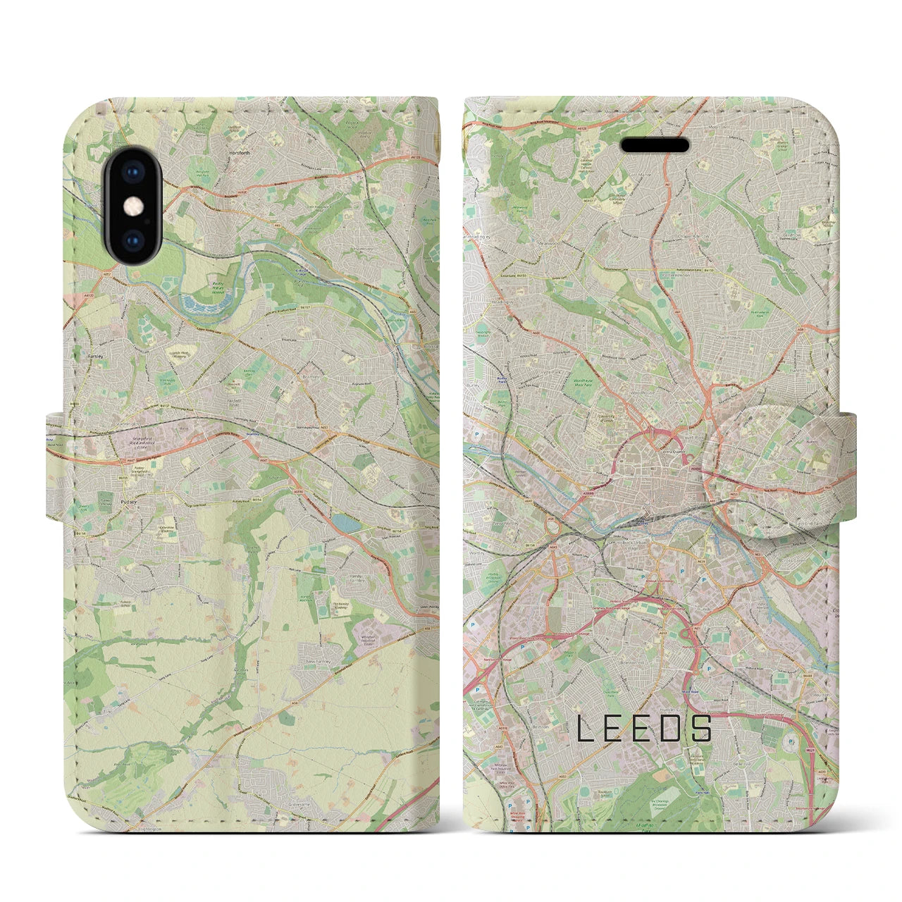 【リーズ(イギリス)】地図柄iPhoneケース(手帳タイプ)ナチュラル・iPhone XS / X 用