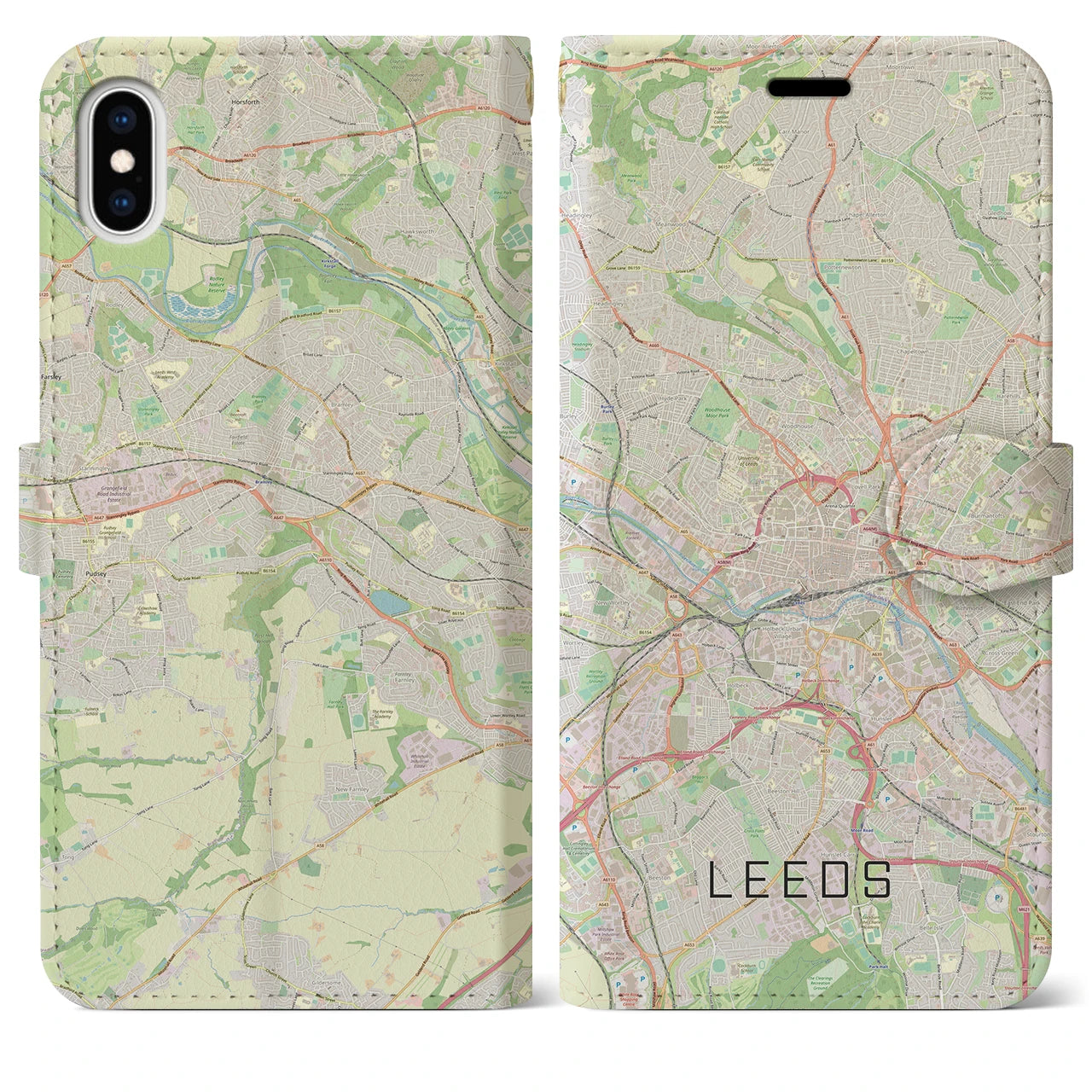 【リーズ(イギリス)】地図柄iPhoneケース(手帳タイプ)ナチュラル・iPhone XS Max 用