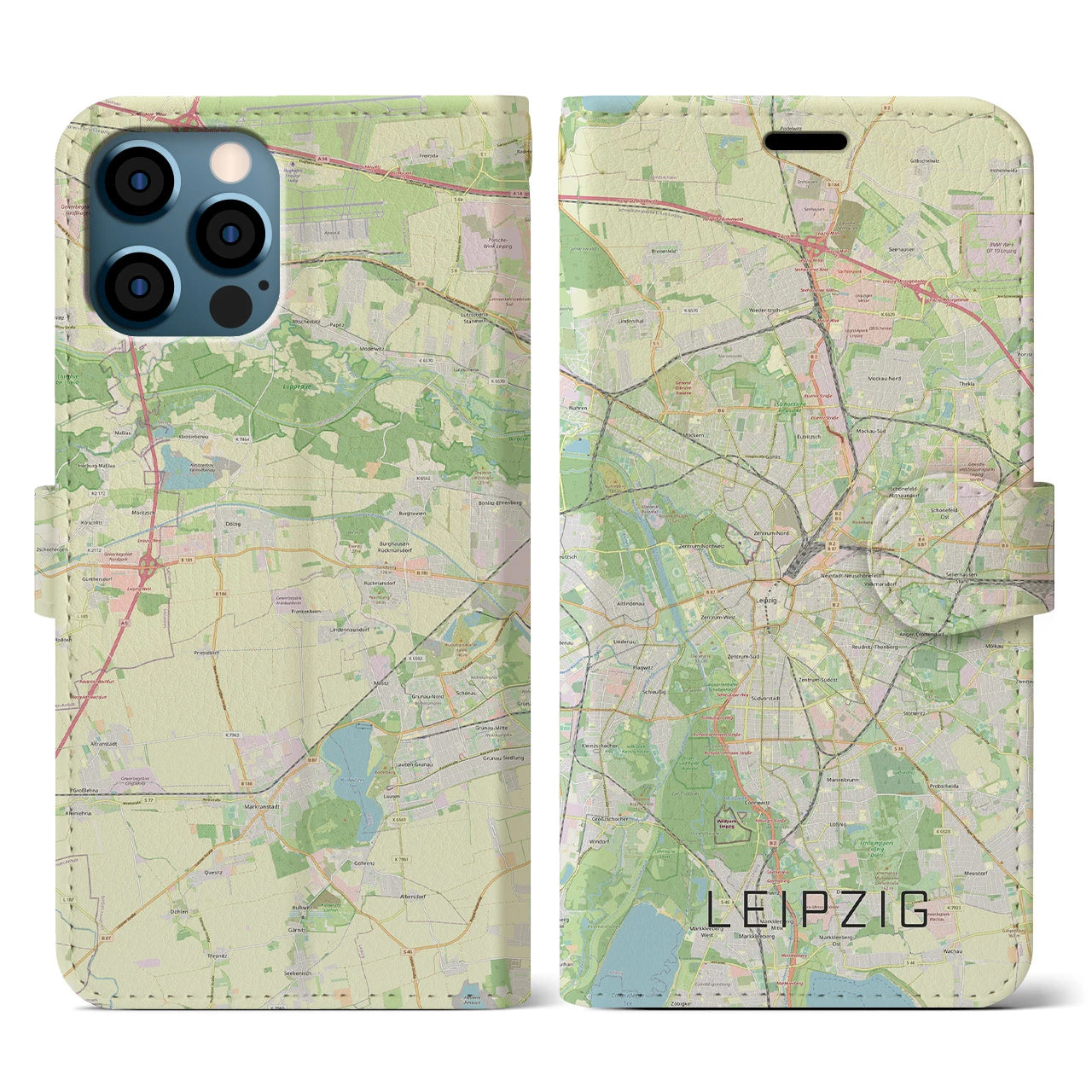【ライプツィヒ(ドイツ)】地図柄iPhoneケース(手帳タイプ)ナチュラル・iPhone 12 / 12 Pro 用