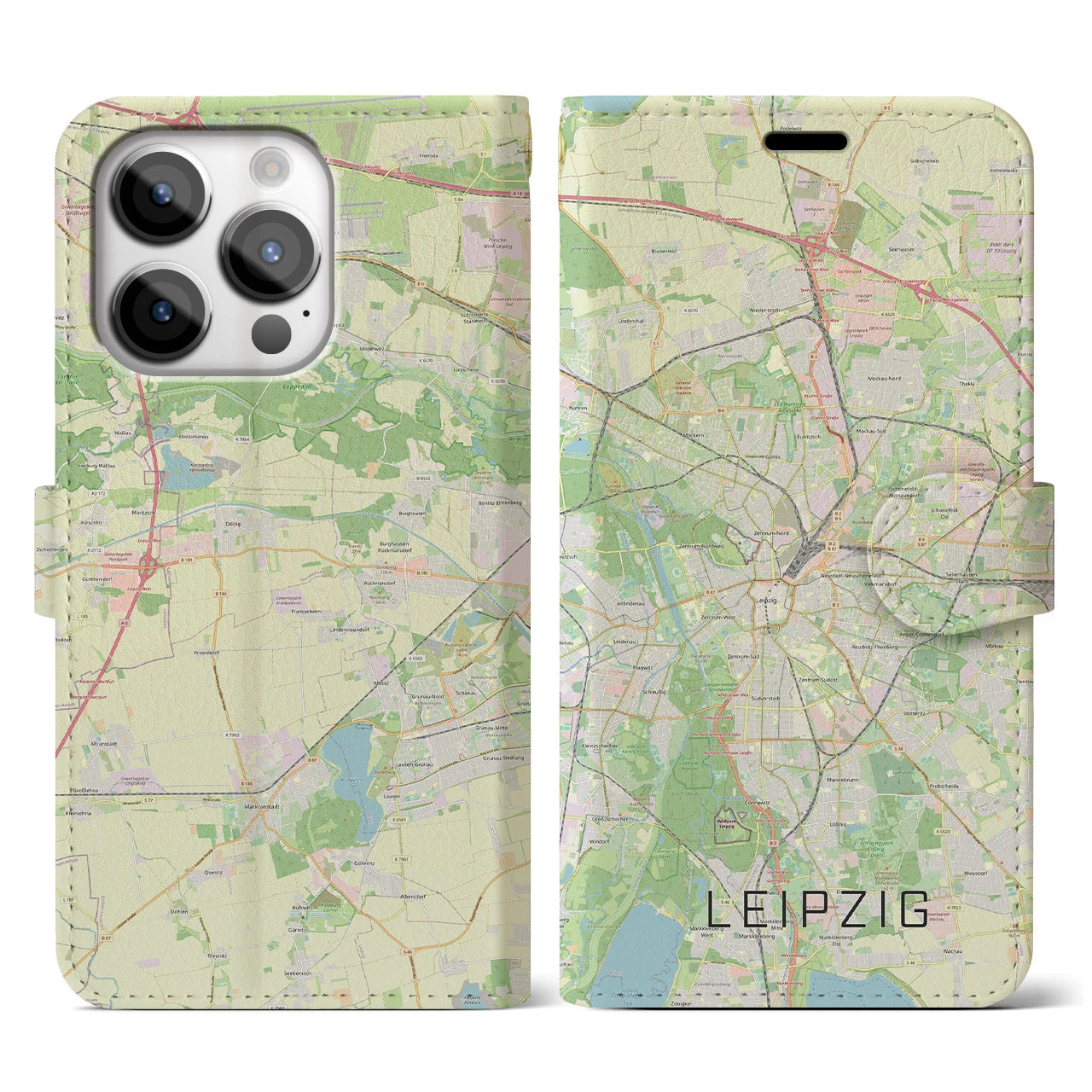 【ライプツィヒ(ドイツ)】地図柄iPhoneケース(手帳タイプ)ナチュラル・iPhone 14 Pro 用