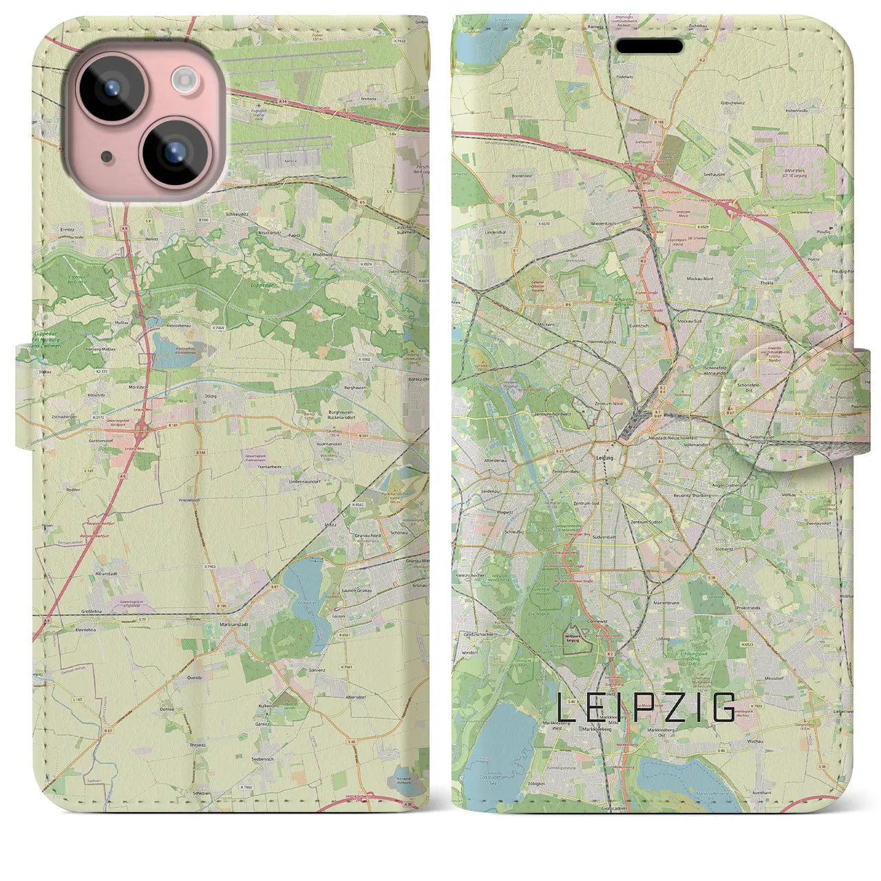 【ライプツィヒ(ドイツ)】地図柄iPhoneケース(手帳タイプ)ナチュラル・iPhone 15 Plus 用