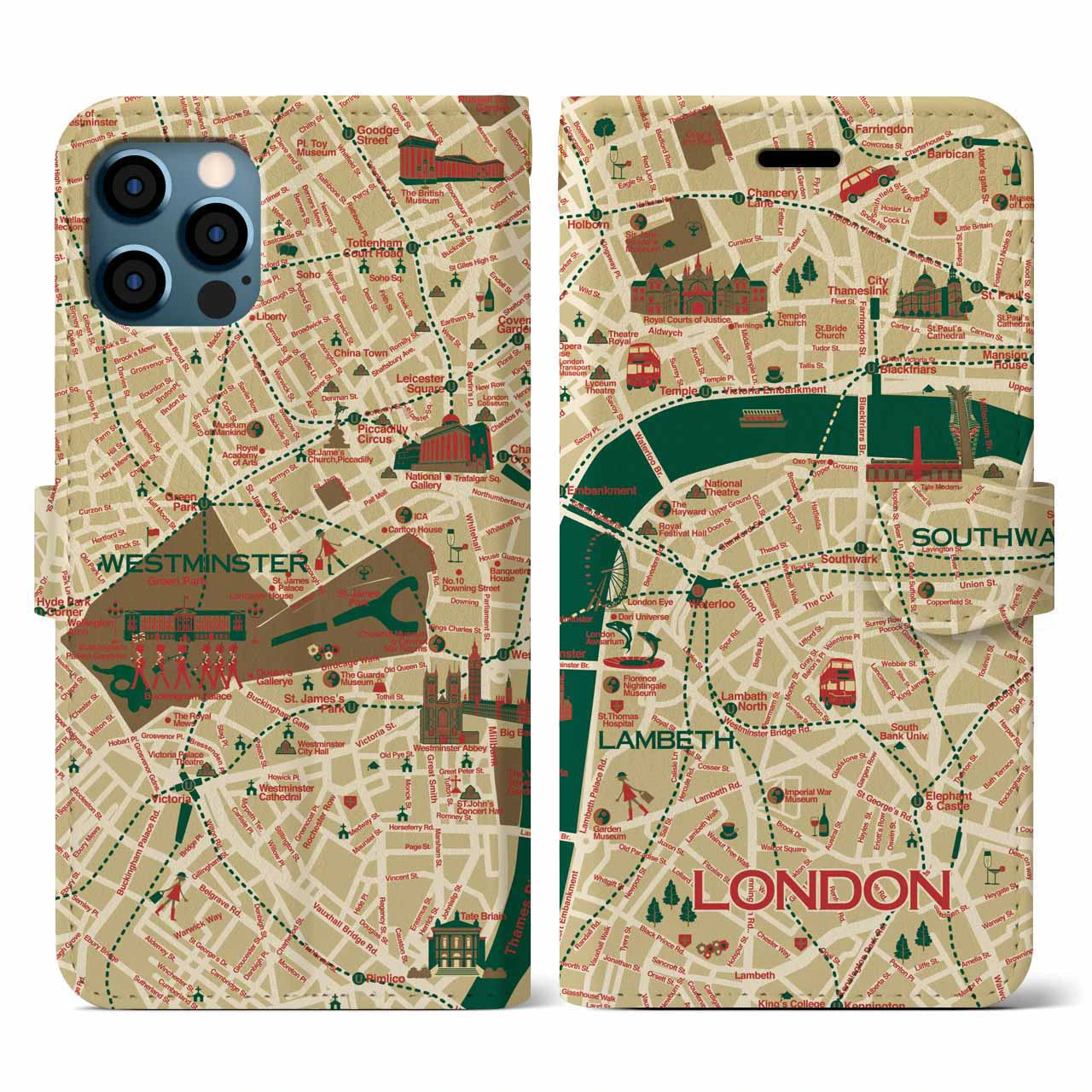 【ロンドン(イラスト)】イラストマップiPhoneケース(手帳タイプ)ブライト・iPhone 12 / 12 Pro 用